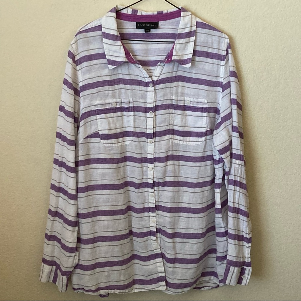 Lane Bryant Striped Button Down Linen Blend Top